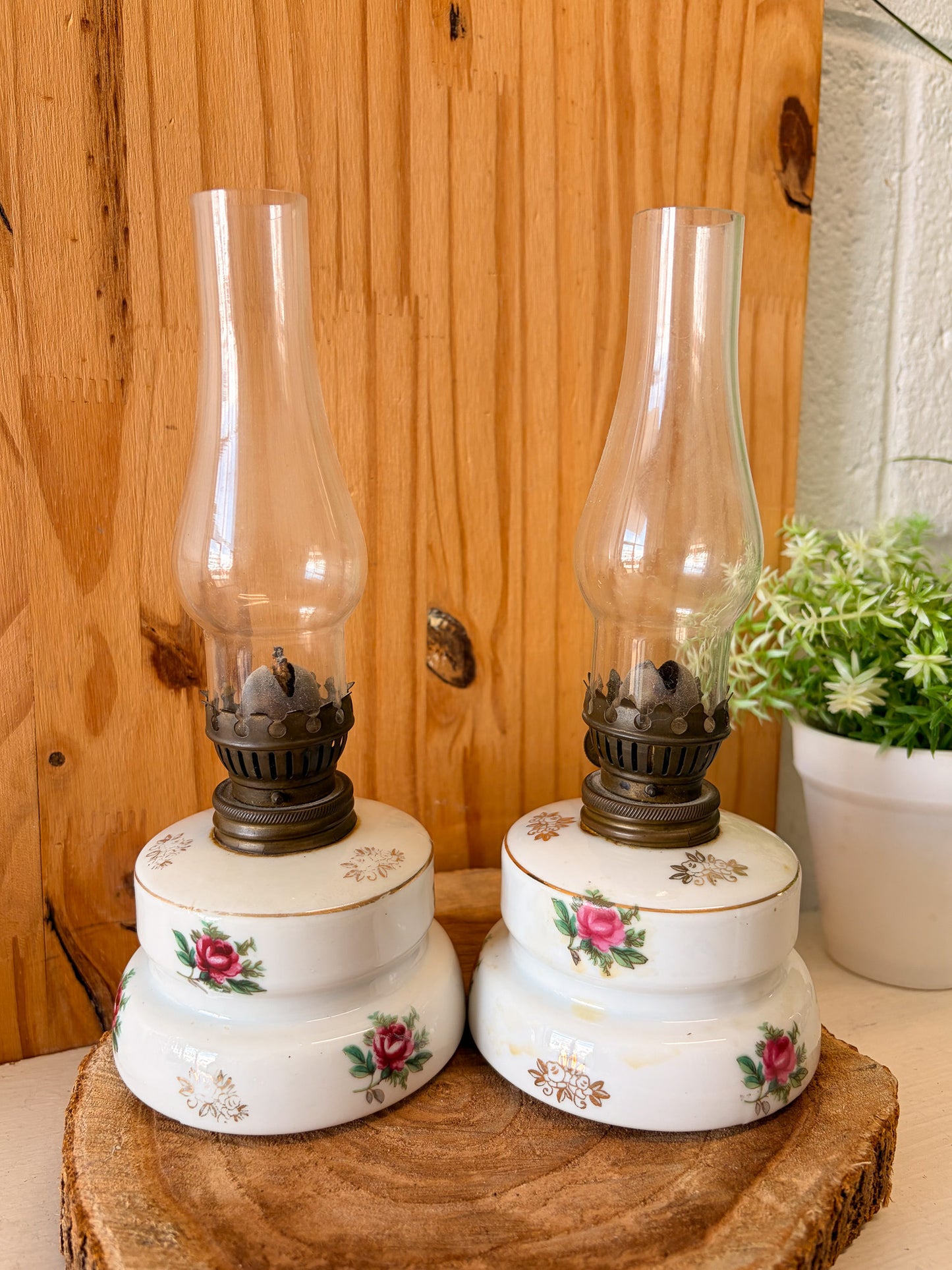 Vtg Pair of Floral Painted Oil Lamps (Local Pick Up Only)
