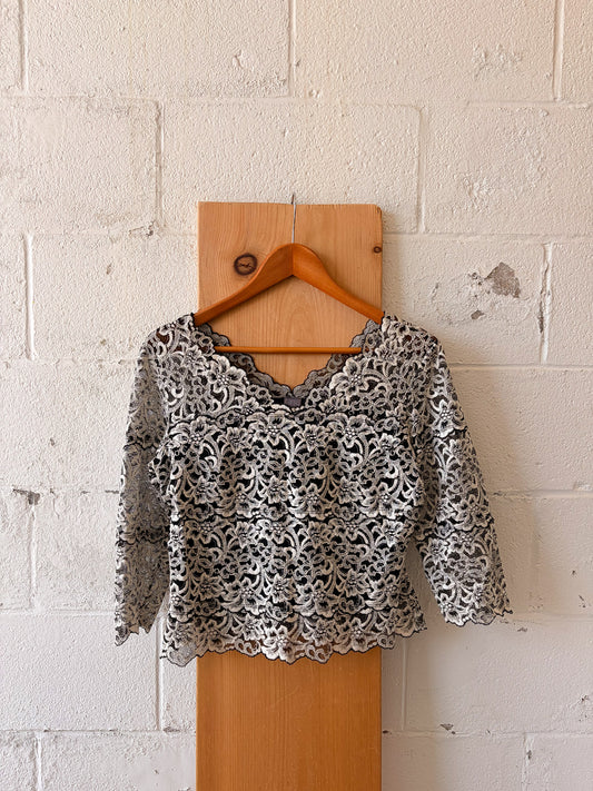 90s Black & White Lace Top : L