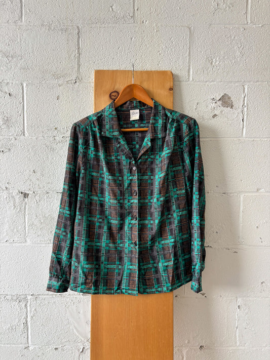 Vtg Brown & Turquoise Button Up Blouse : 12