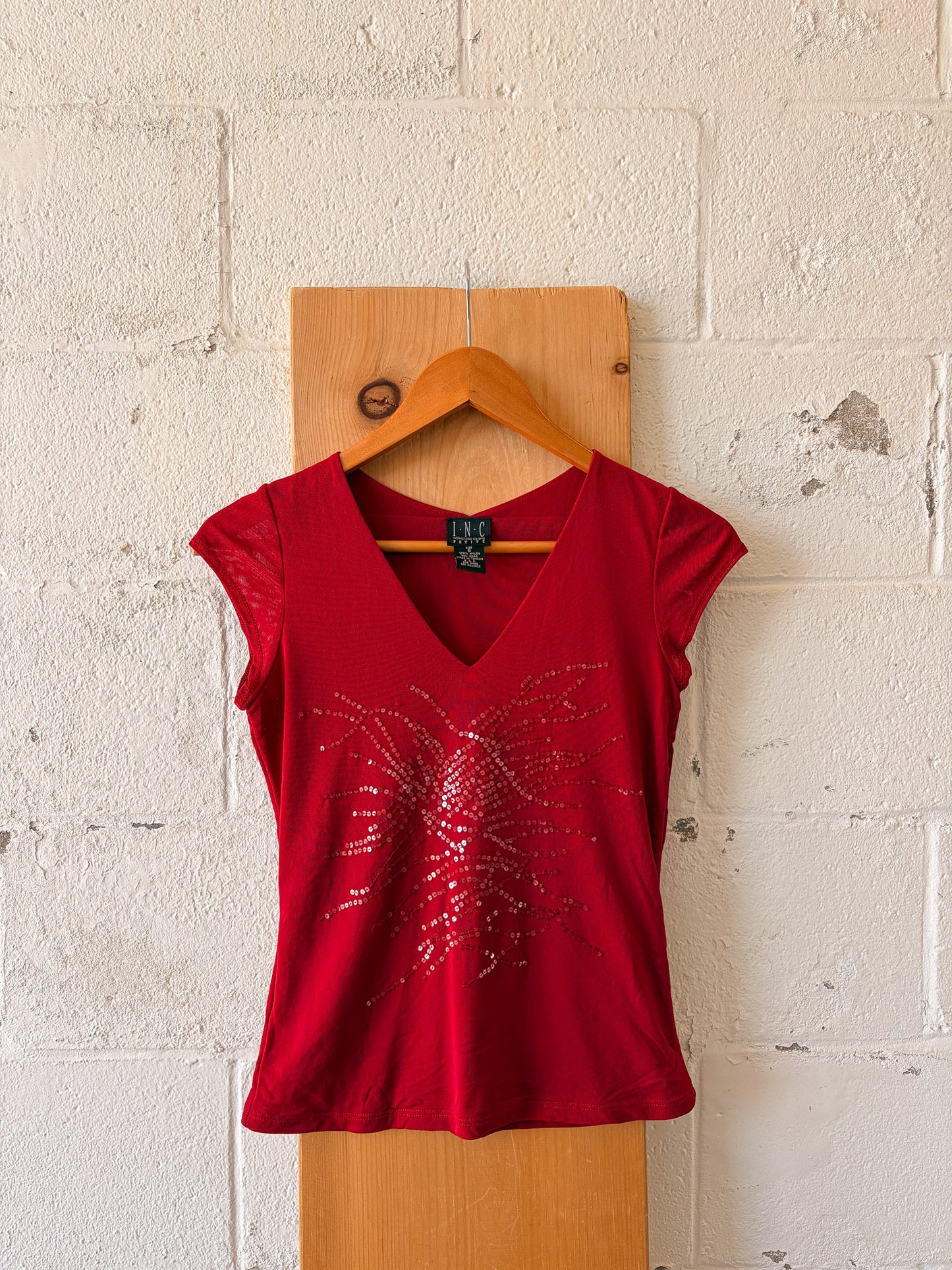 Vtg Red Sequins Micro Mesh Tee : S