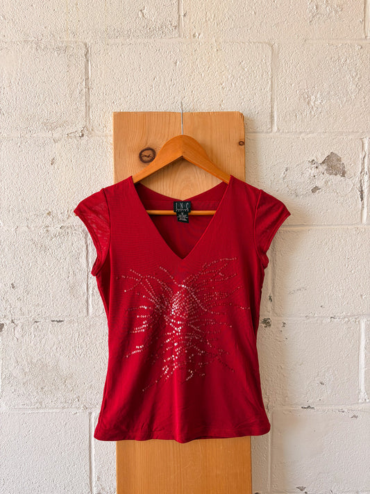 Vtg Red Sequins Micro Mesh Tee : S