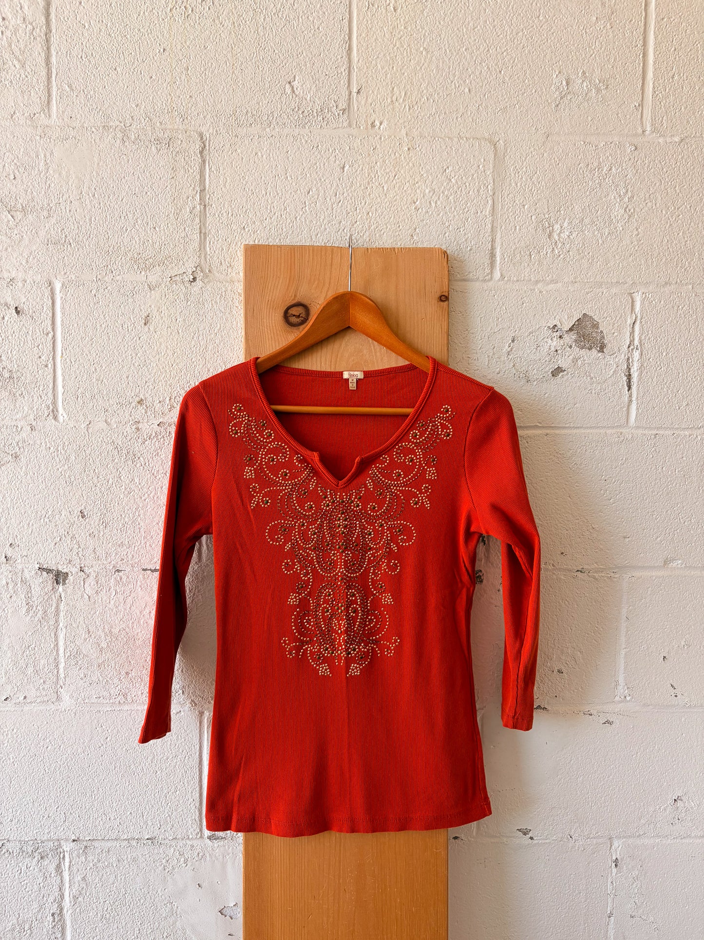 Embellished Orange 3/4 Length Top : M