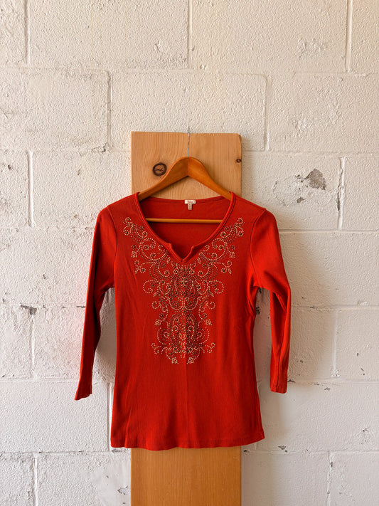 Embellished Orange 3/4 Length Top : M