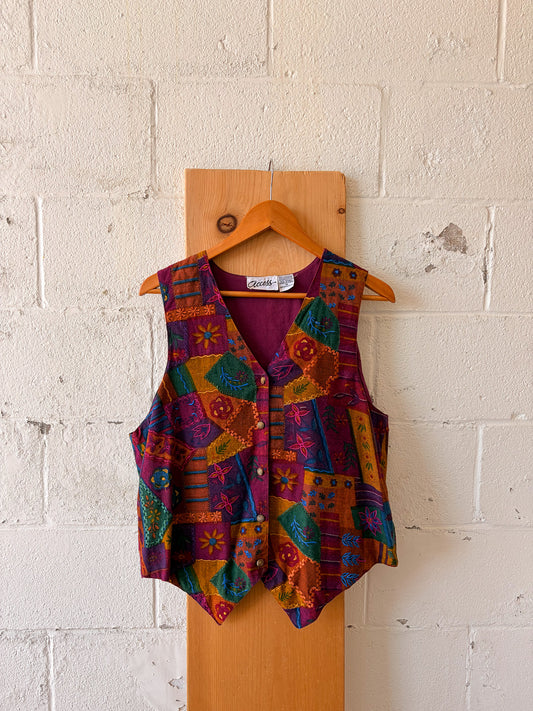 Vtg Floral Purple Patchwork Vest : M