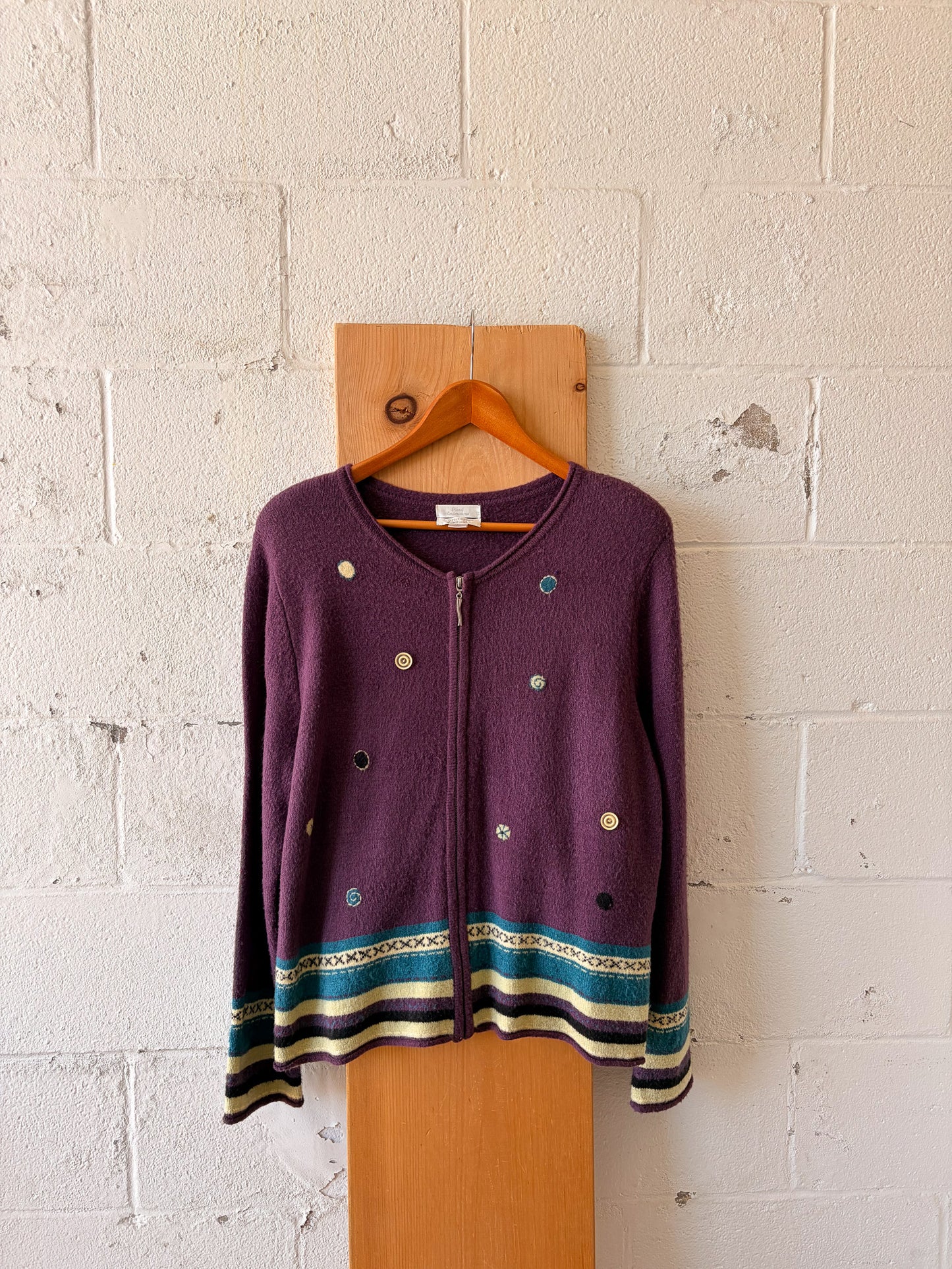 Hand Embroidered Plum Zip Up Sweater : XL