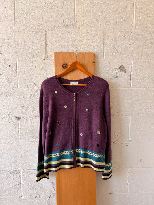 Hand Embroidered Plum Zip Up Sweater : XL
