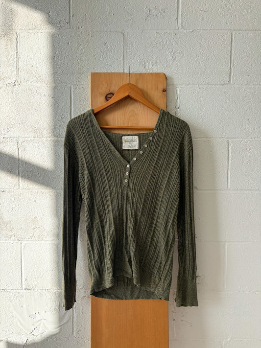 Olive Green Hooded Henley Top : M
