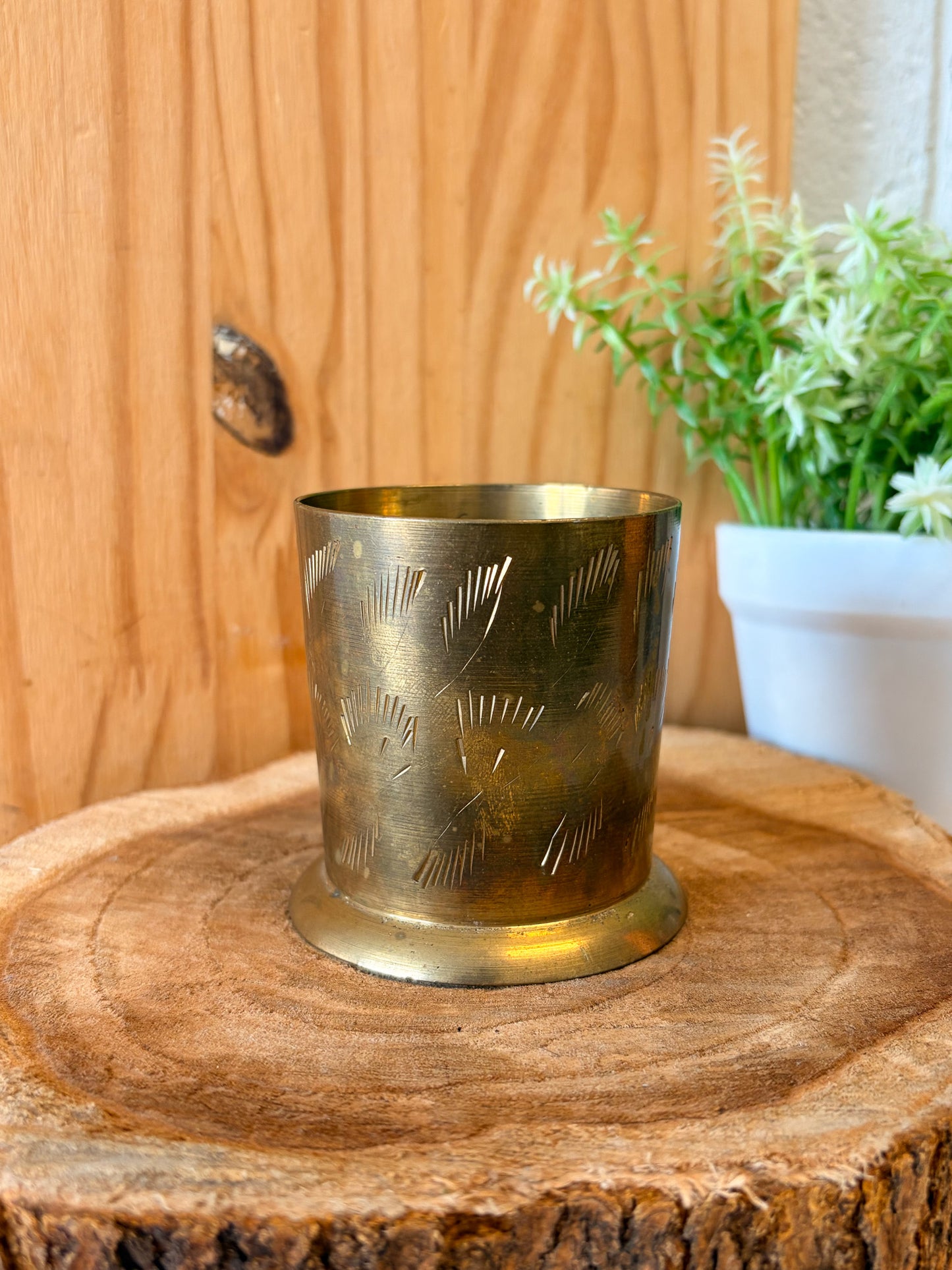 Vtg Etched Brass Cup