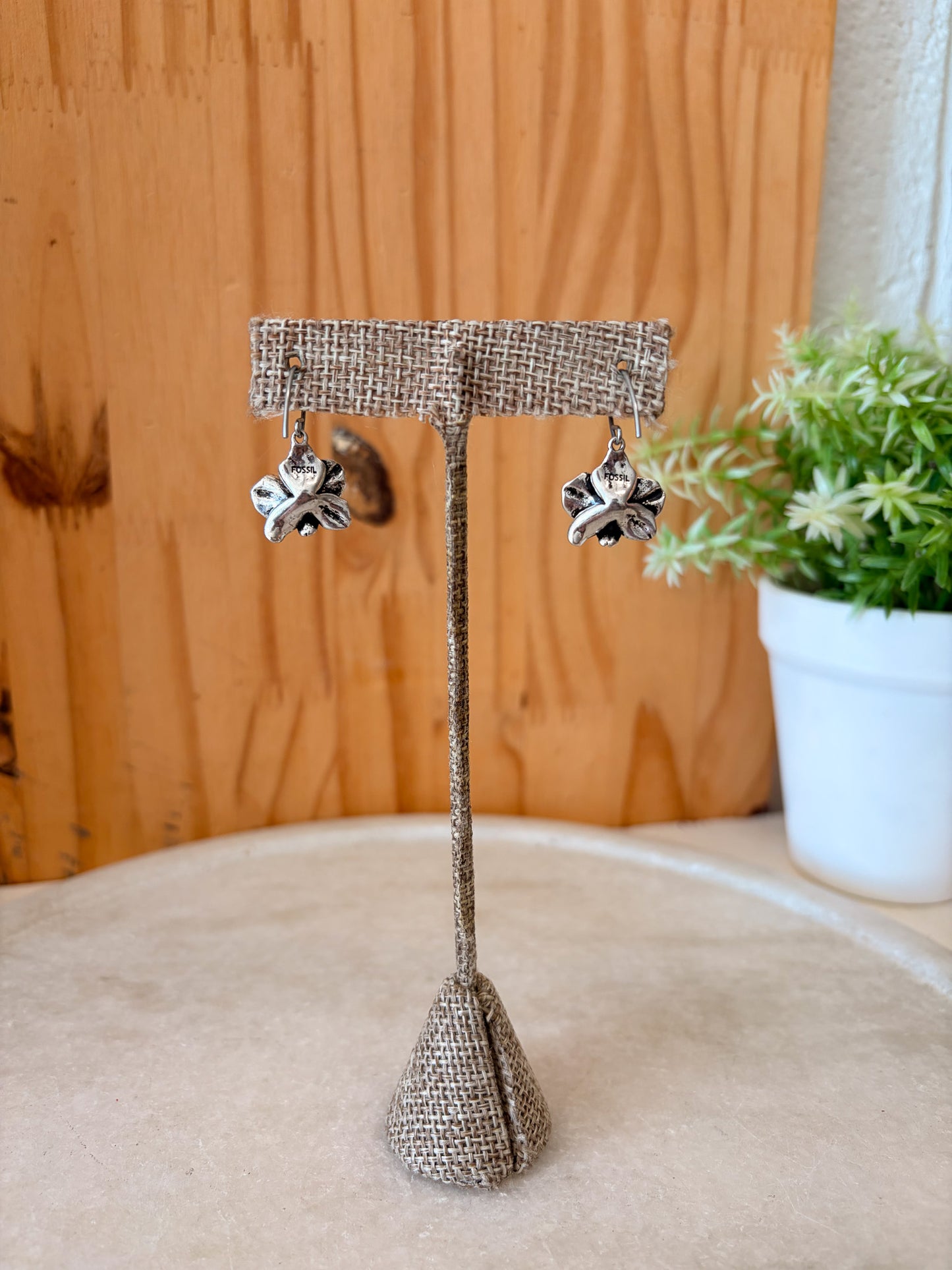 Fossil Silver Hibiscus Flower Earrings