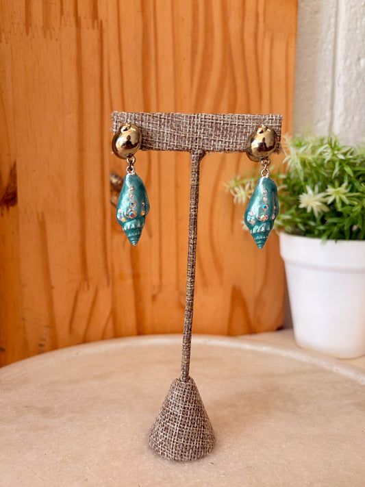 Teal & Gold Tone Shell Earrings