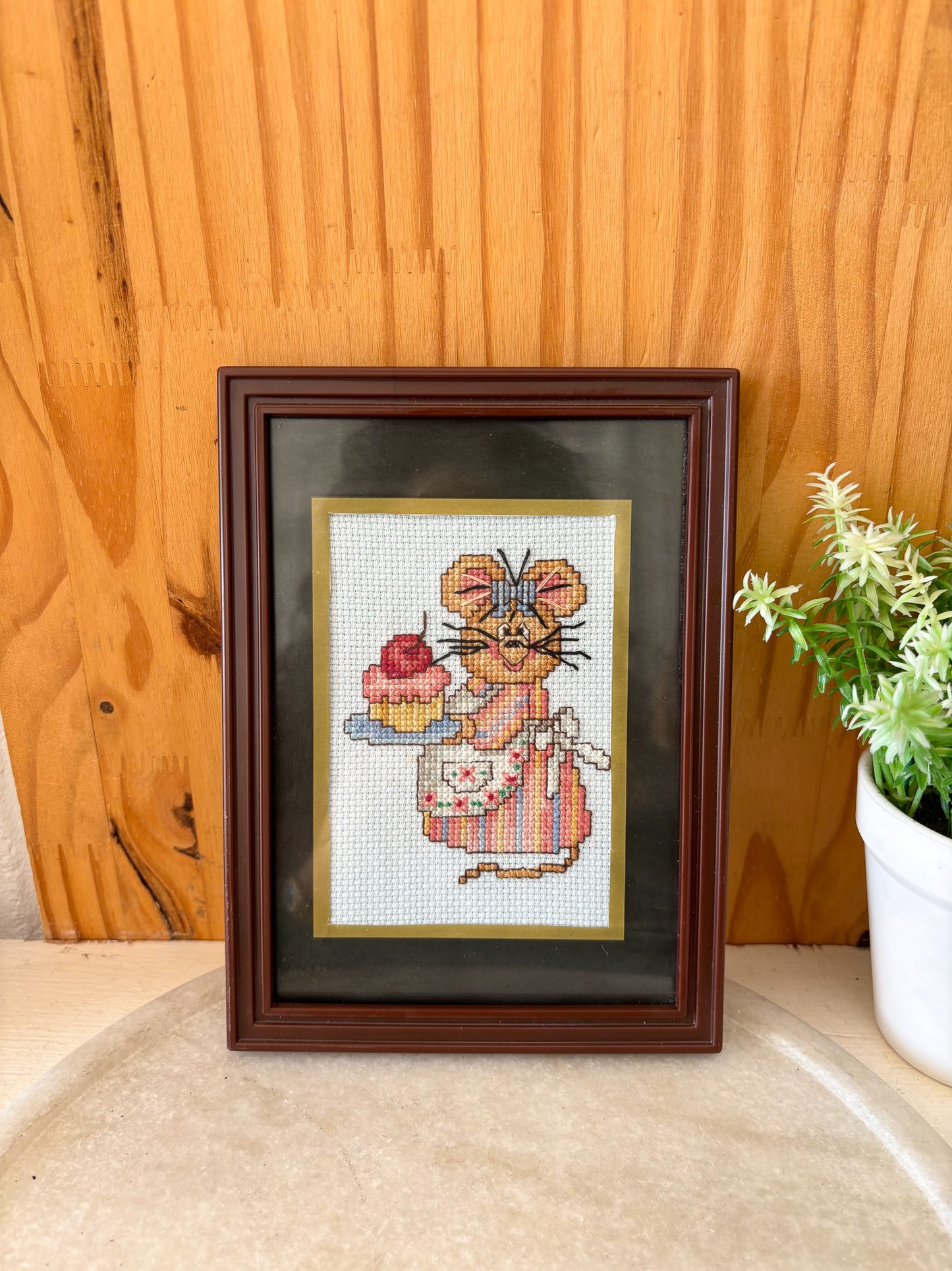Vtg Framed Cross-Stitch Mouse Photo