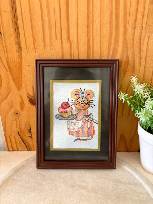 Vtg Framed Cross-Stitch Mouse Photo