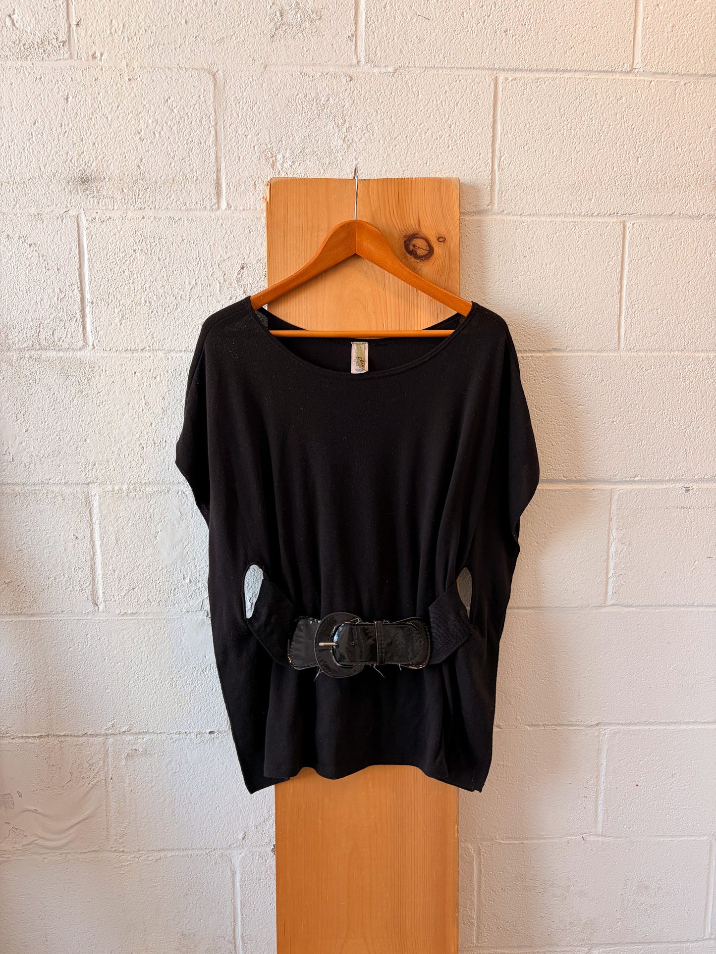 Vtg Black Belted Tunic Top : L