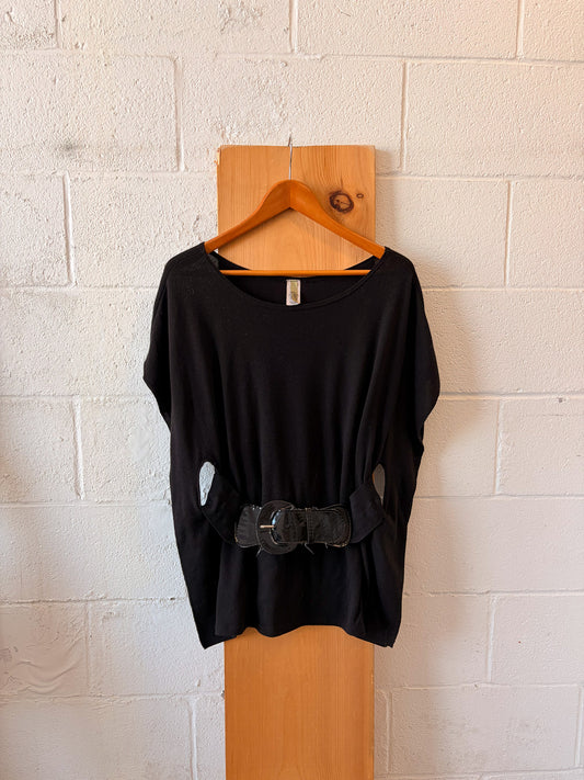 Vtg Black Belted Tunic Top : L