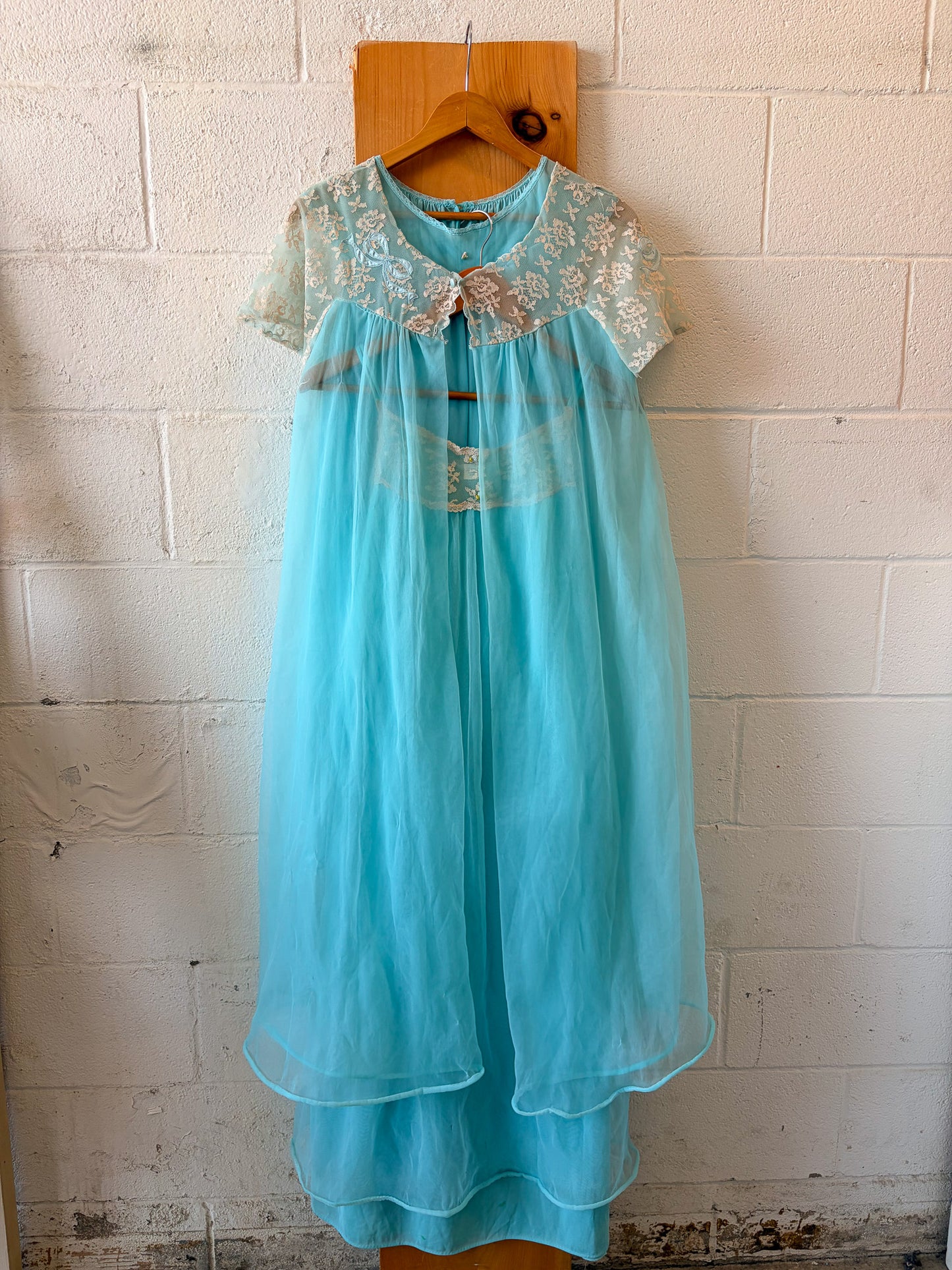 Vtg 3 Piece Blue Chiffon Nightgown & Peignoir Set : M (As Is)