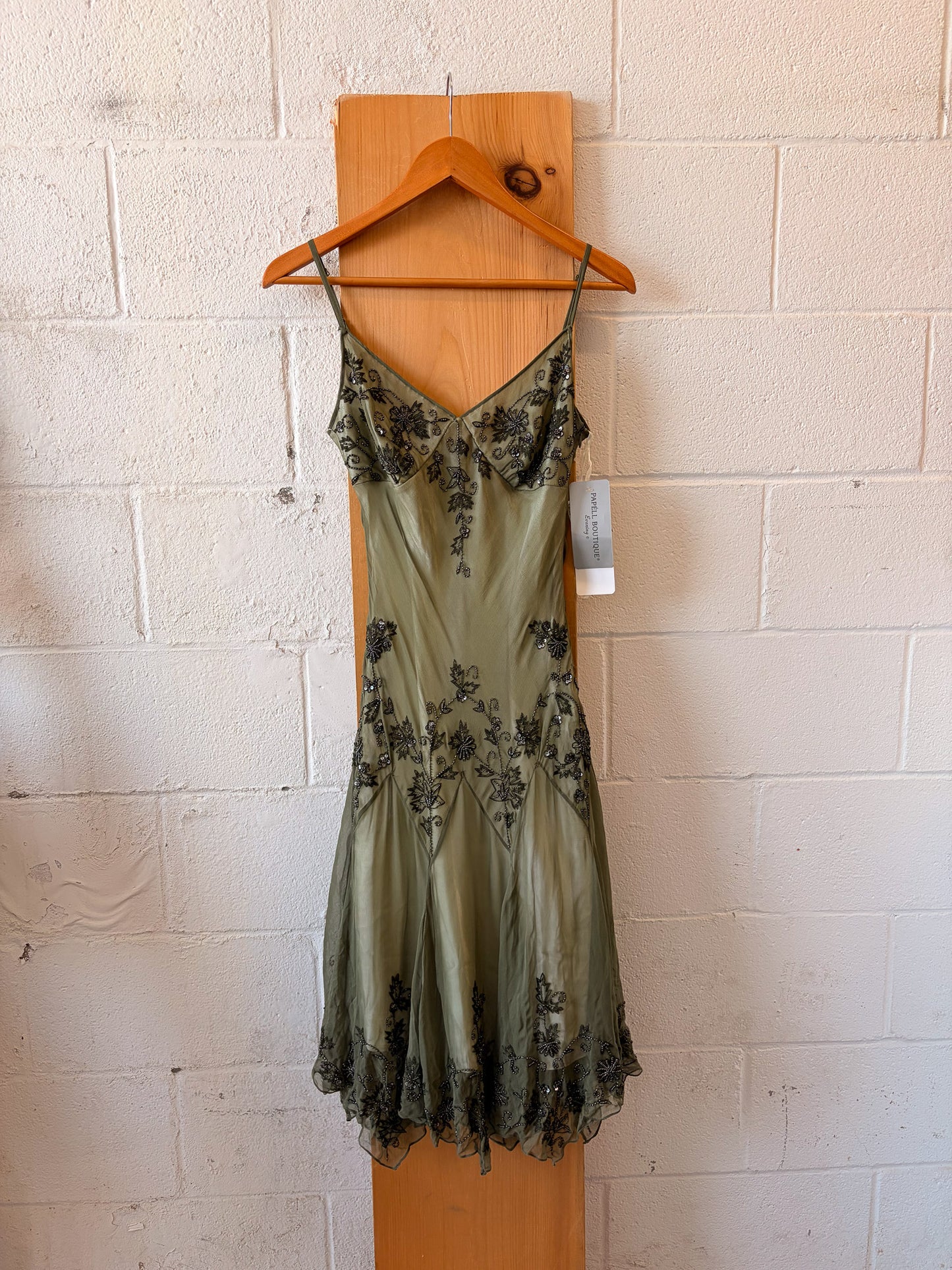 Vtg Papell Boutique Olive Silk Beaded Dress : 4 (As Is)