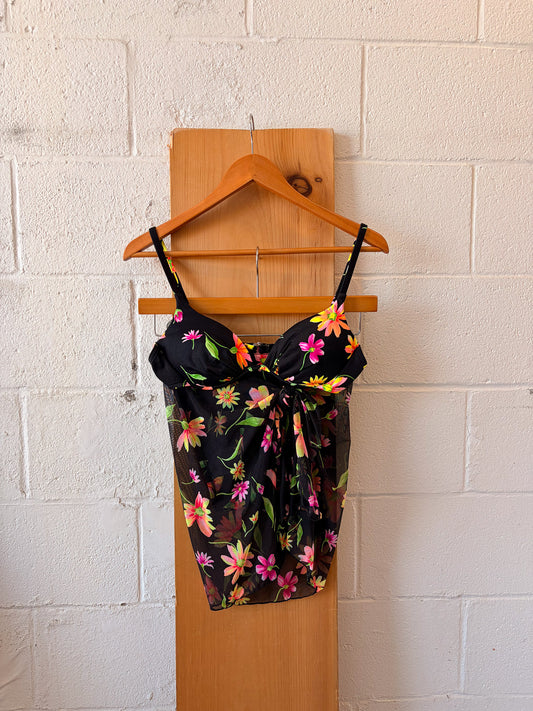 Vtg Floral Swimsuit & Wrap Skirt Set : M