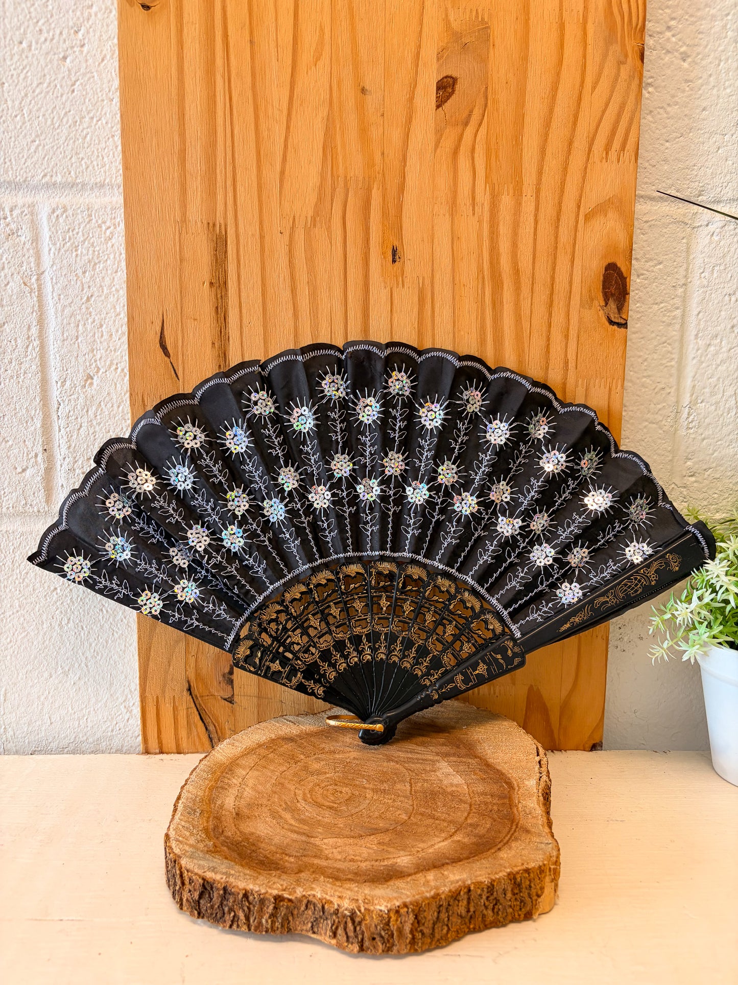 Black Sequins Detailed Folding Fan