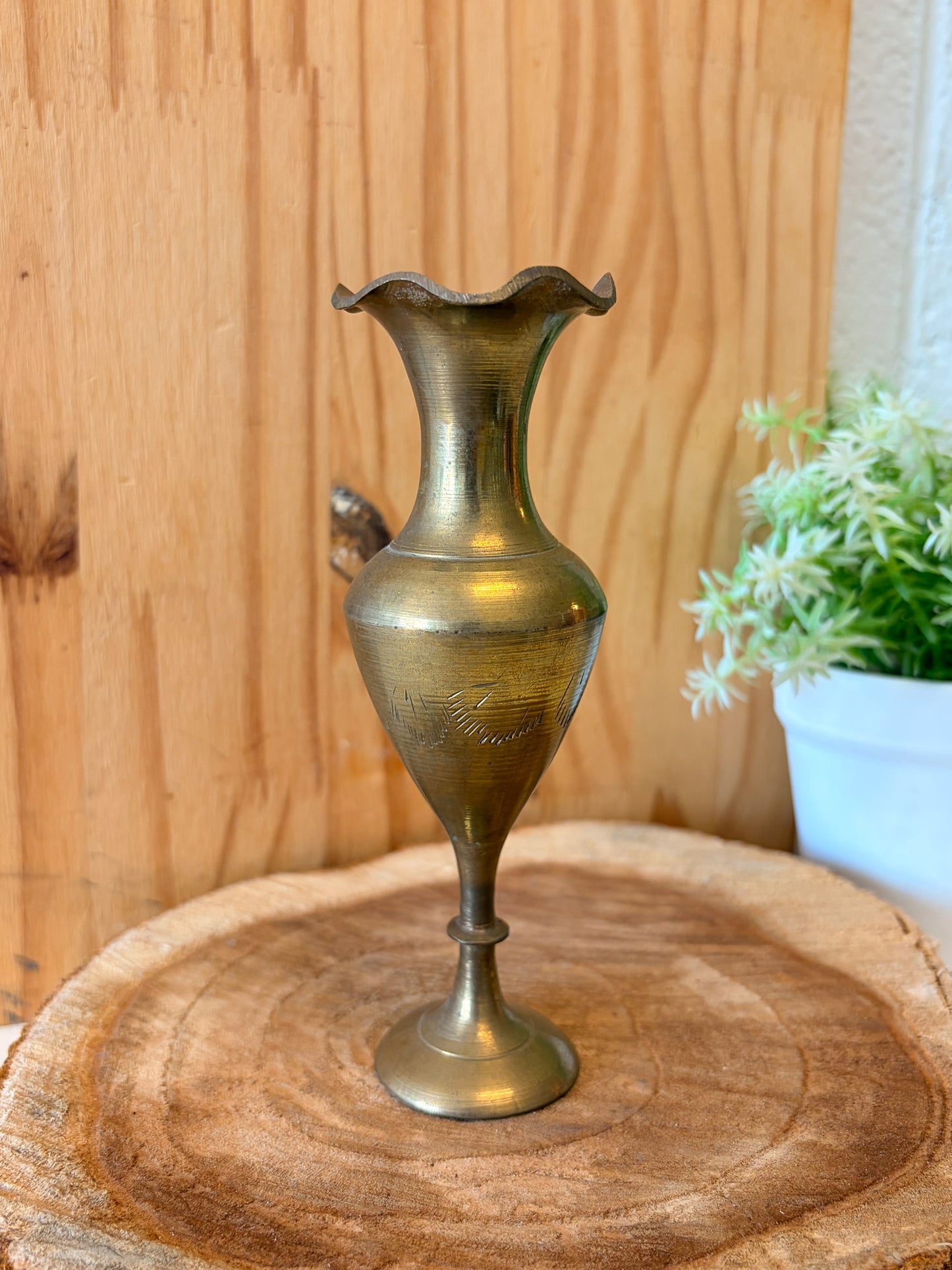 Vtg Little Etched Brass Vase