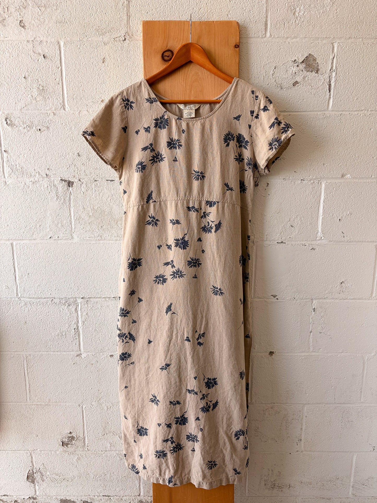 Vtg Floral Linen Dress : L