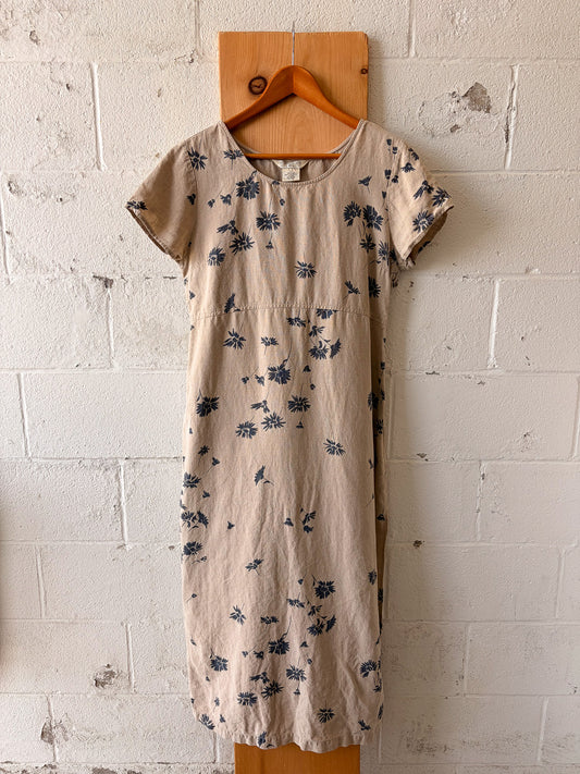 Vtg Floral Linen Dress : L