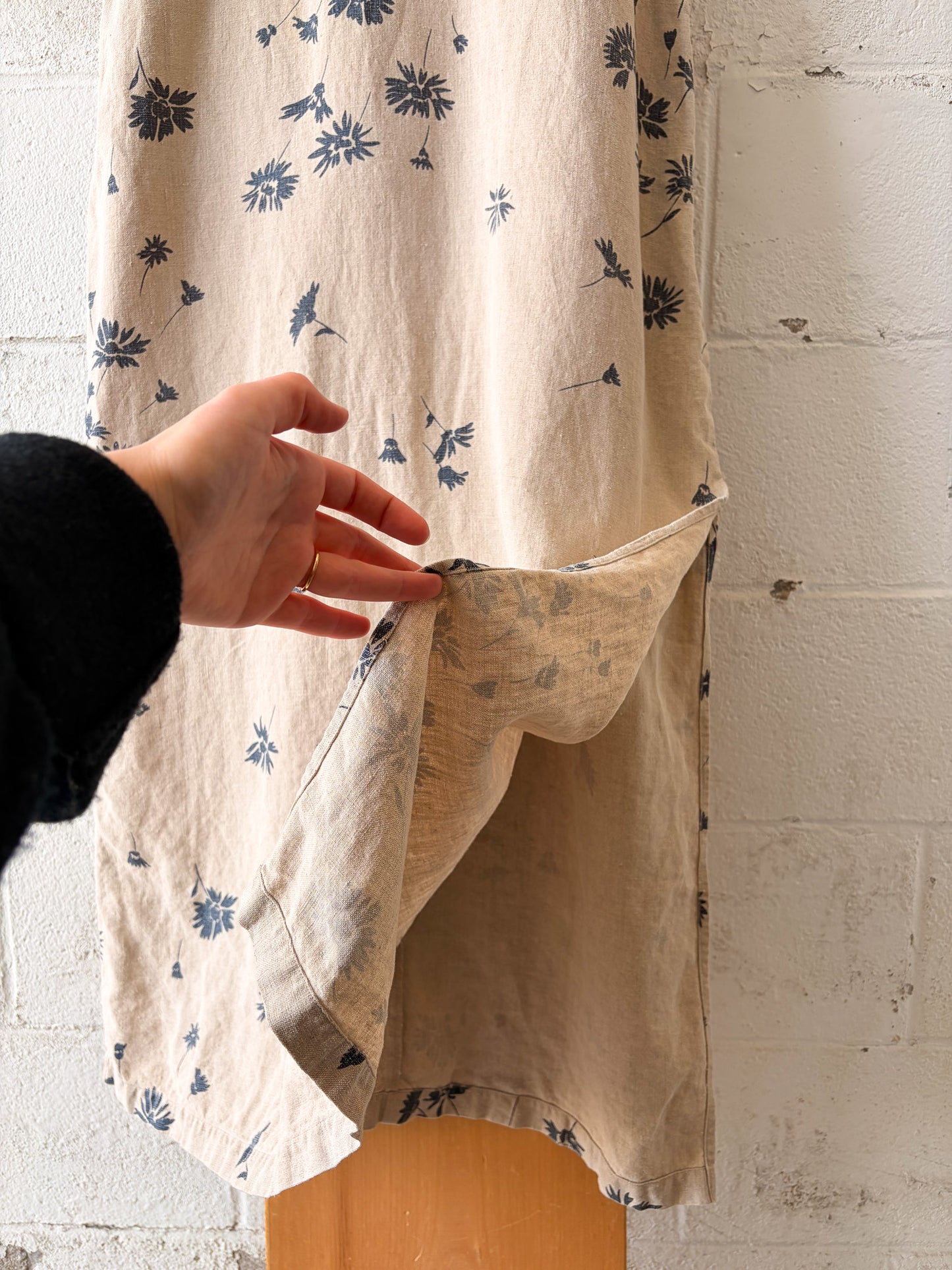 Vtg Floral Linen Dress : L