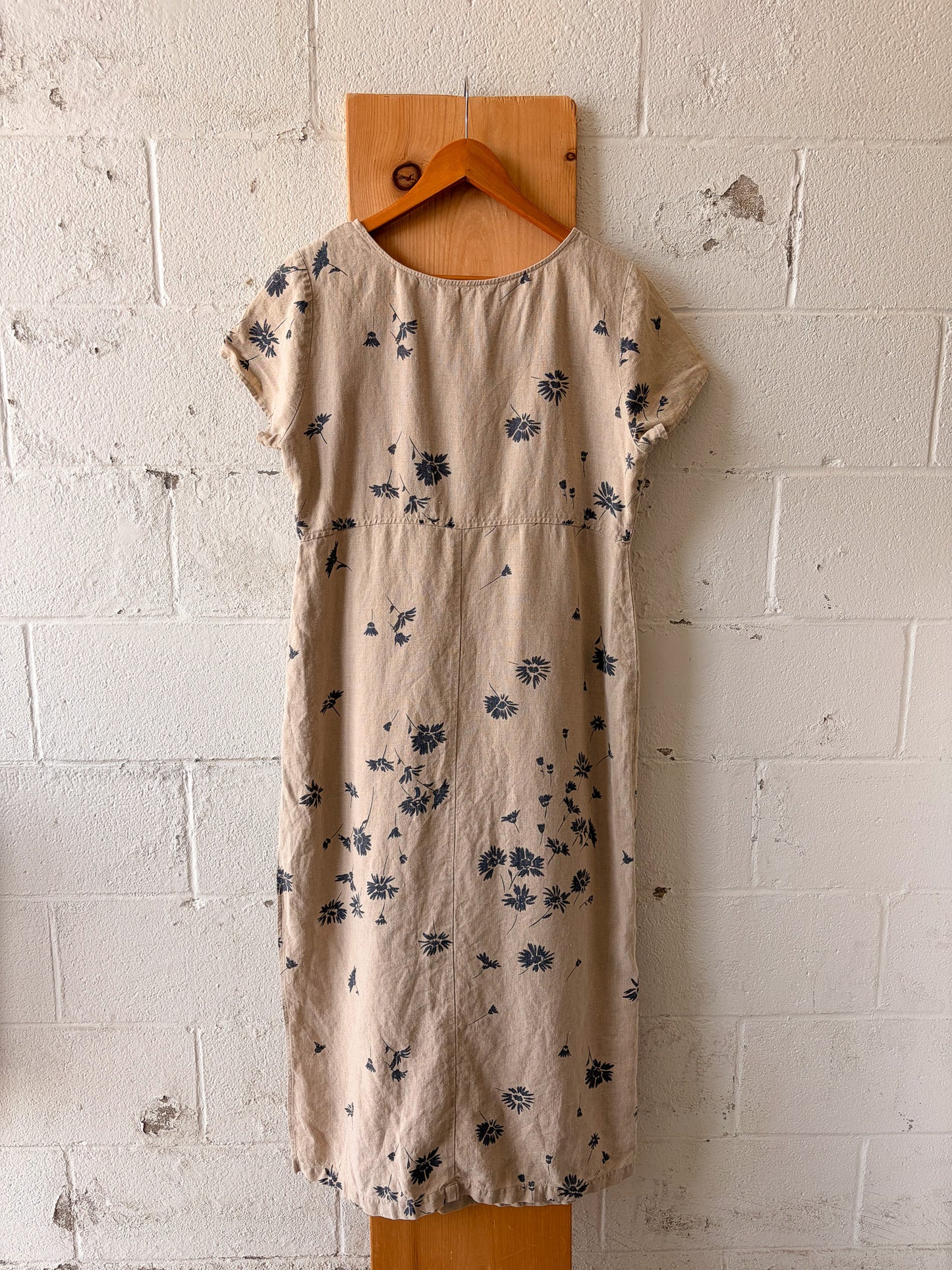 Vtg Floral Linen Dress : L