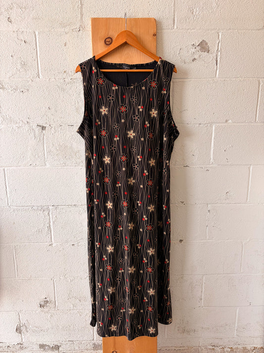 Vtg Black & Red Floral Maxi Dress : 26/28