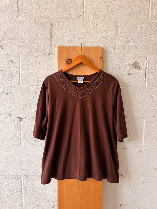 Brown Beaded Top : XL Petite