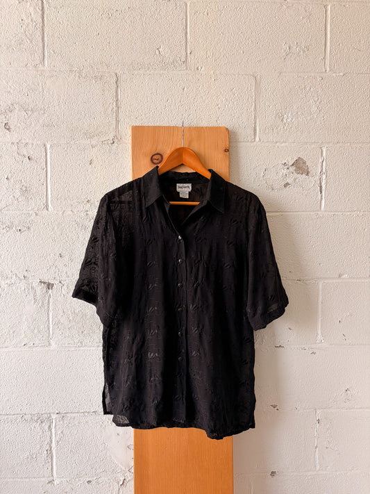 Vtg Sheer Black Floral Blouse : M