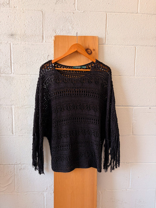 Black Knit Fringe Sleeve Top : L/XL