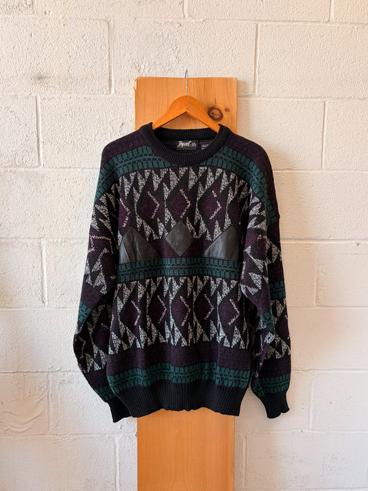 Vtg Leather Patchwork Sweater : 3X
