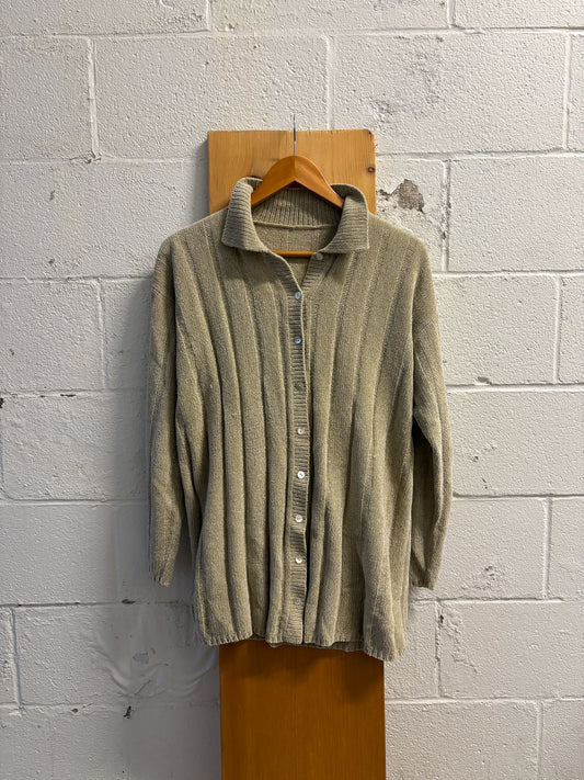 Vtg Beige Collared Cardigan : L