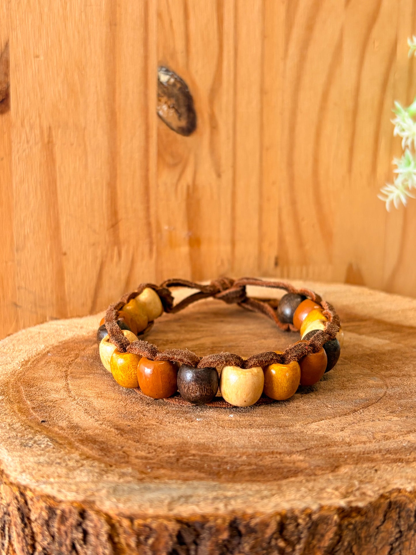 Leather & Wood Beaded Bracelet