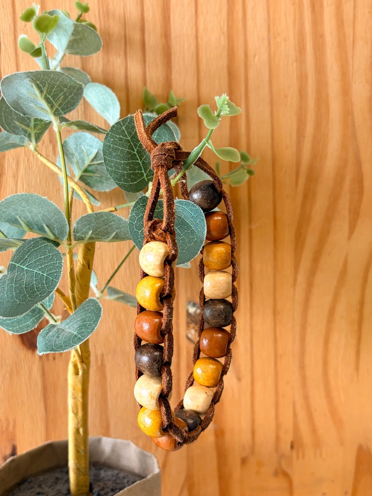 Leather & Wood Beaded Bracelet