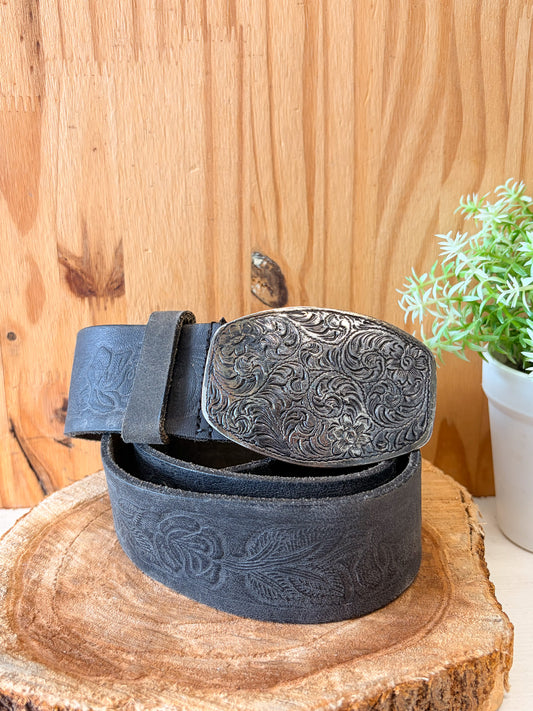 Floral Etched Leather Belt : L