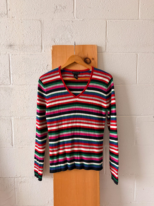 Striped Ribbed V-Neck Sweater : L