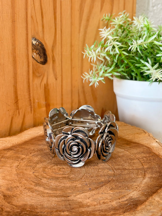 Chunky Silver Tone Rose Bracelet