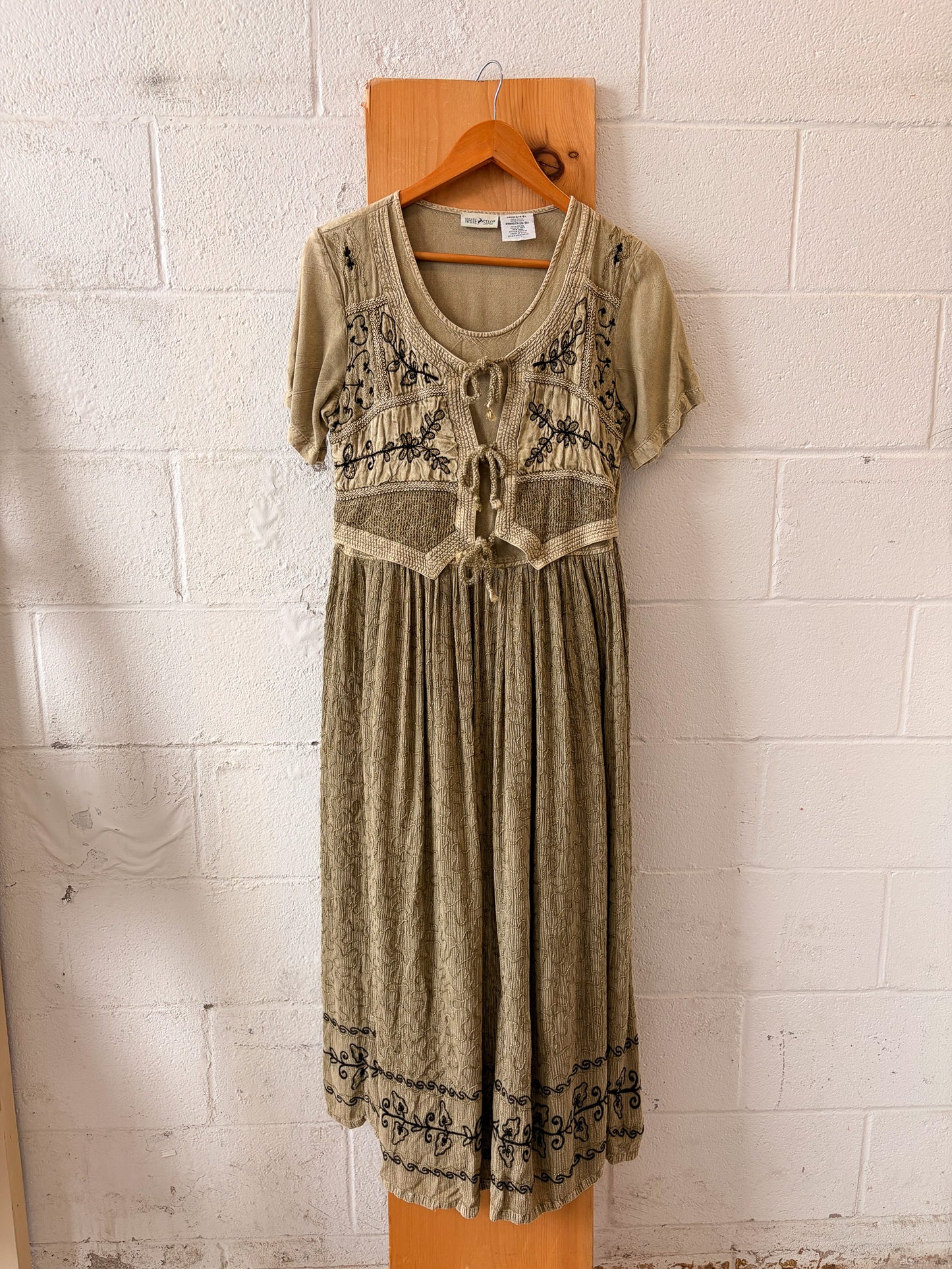 Vtg Floral Embroidered Sage Green Dress : S