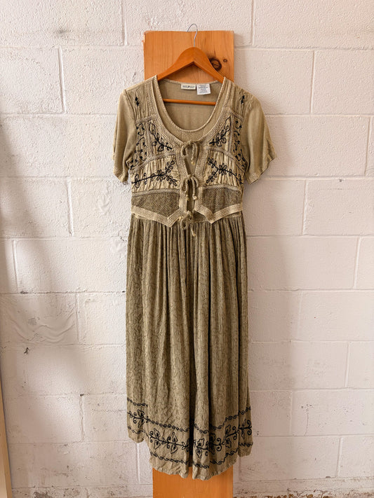 Vtg Floral Embroidered Sage Green Dress : S