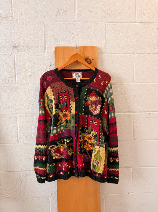 Vtg Floral Dragonfly Embroidered Cardigan : XL