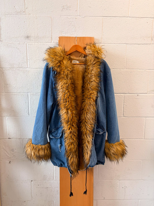 Faux Fur Trimmed Denim Coat : 3XL (Local Pick Up Only)