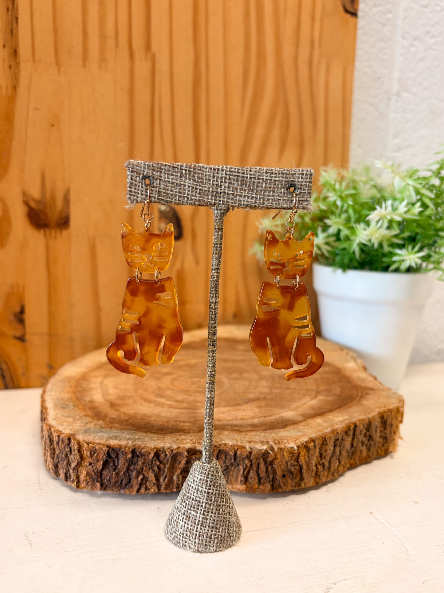 Tortoise Shell Cat Drop Earrings