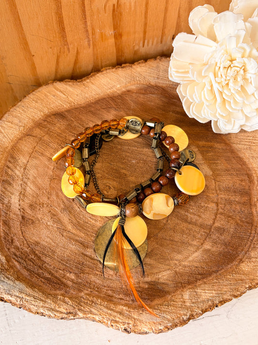 Layered Feather Detailed Beaded Bracelet