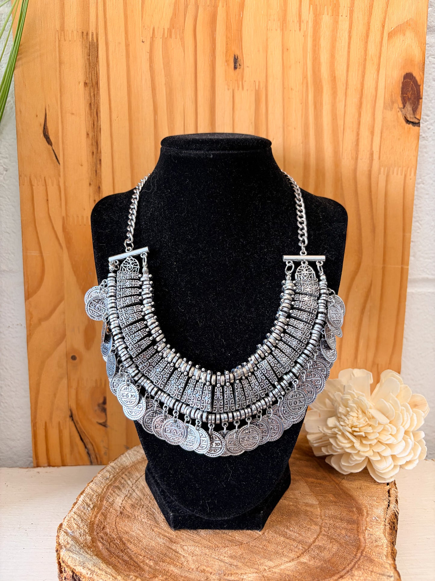 Silver Tone Coin Statement Necklace