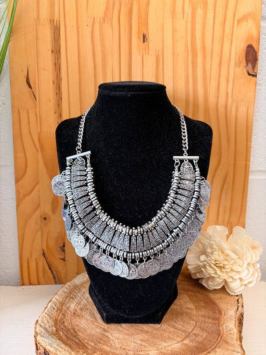 Silver Tone Coin Statement Necklace