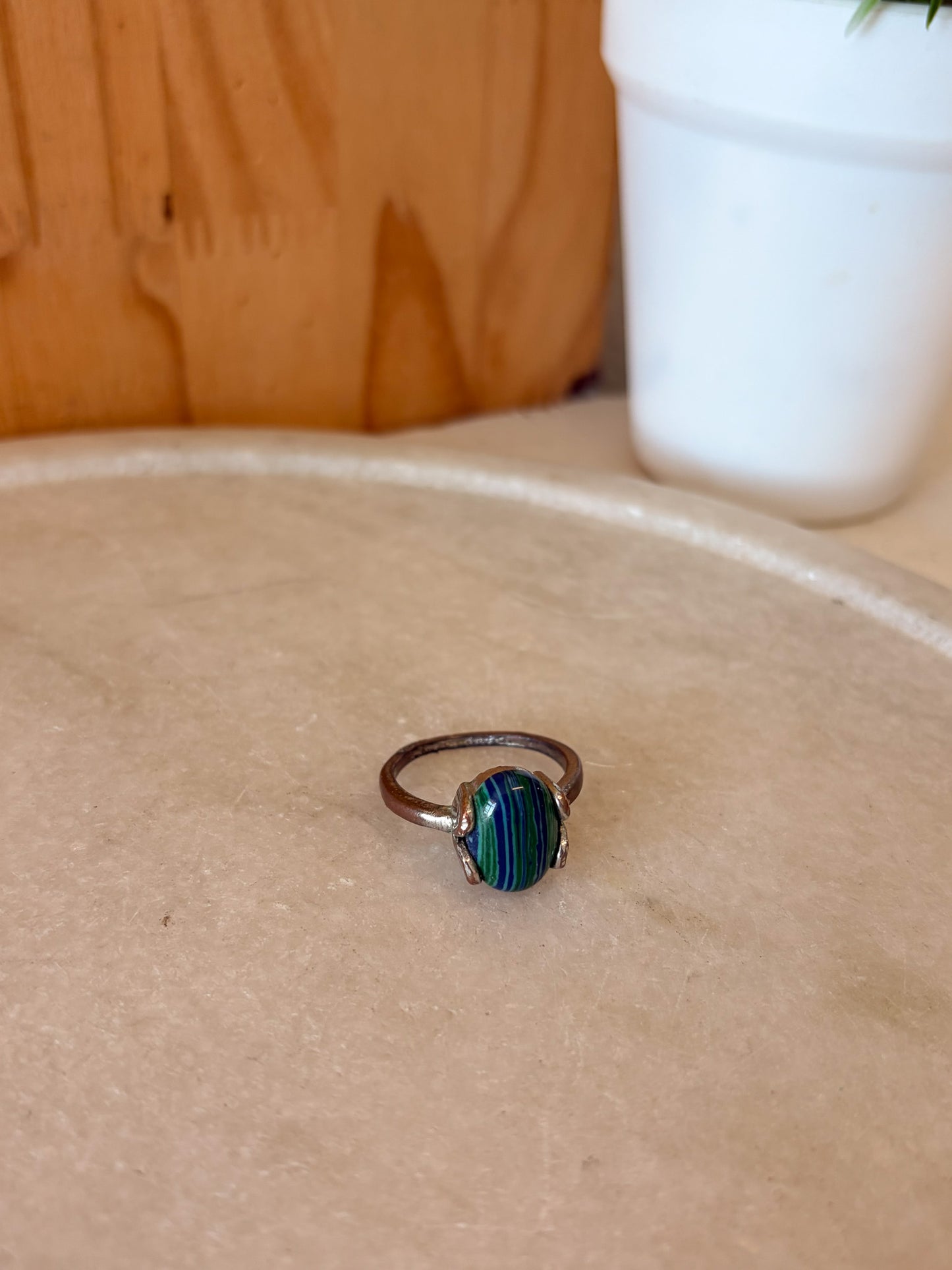 Striped Green & Blue Stone Ring : Size 10
