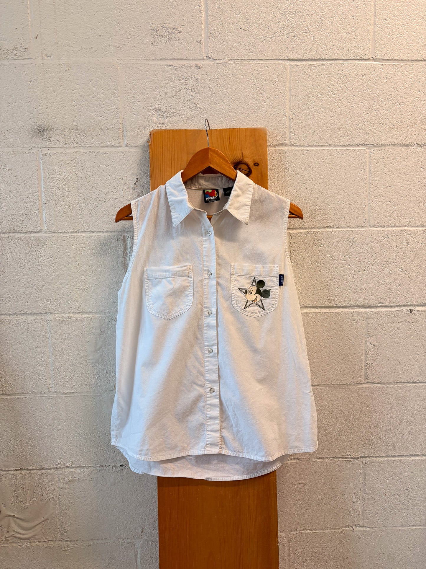Vtg Mickey Unlimited Sleeveless White Button Up : L